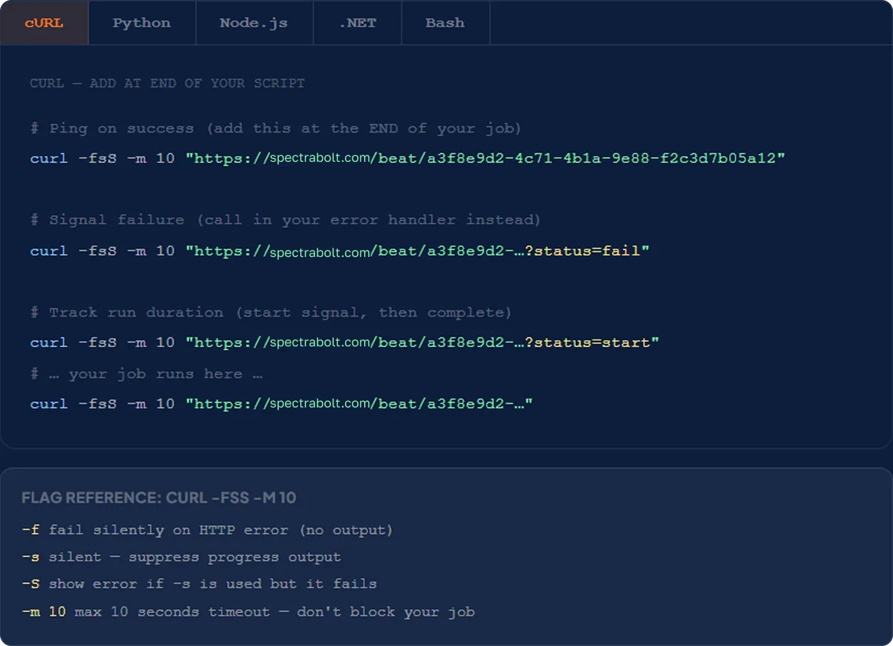 Heartbeat ping snippets for cURL, Python, Node.js, .NET and Bash