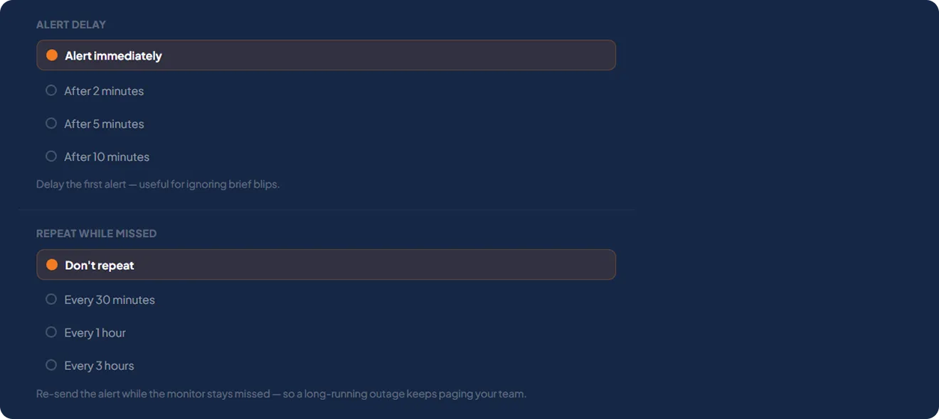 Alert delay and repeat-while-missed settings panel